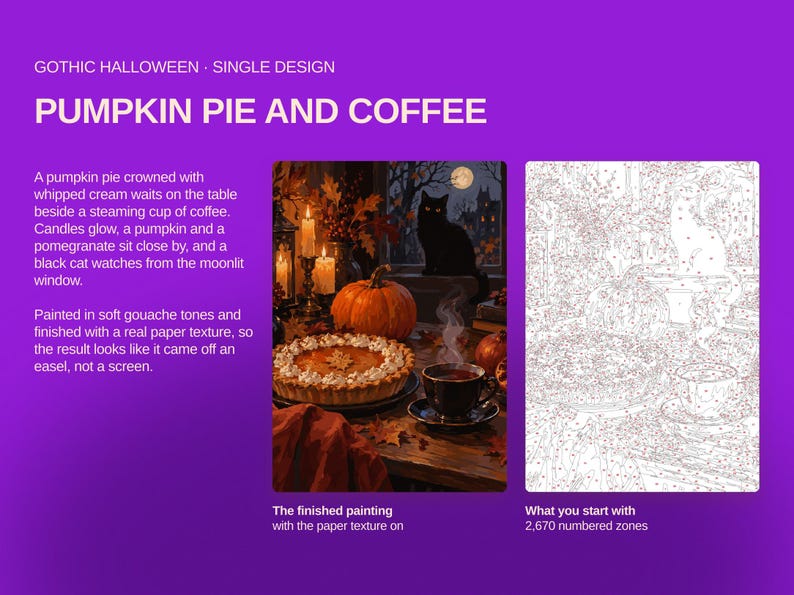 May include: A paint-by-number kit titled PUMPKIN PIE AND COFFEE featuring a finished painting of a pumpkin pie, a steaming cup of coffee, candles, and a black cat by a window, alongside a corresponding line-art template with 2,670 numbered zones.