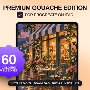 May include: A digital illustration on a tablet screen showing a cafe exterior with a blue and white striped awning, two chairs, and a table. Text reads: PREMIUM GOUACHE EDITION, FOR PROCREATE ON IPAD, 60 COLOURS 5,319 ZONES, INSTANT DIGITAL DOWNLOAD NOT A PHYSICAL KIT.