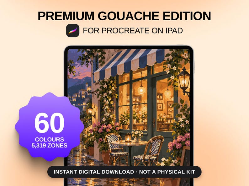 May include: A digital illustration on a tablet screen showing a cafe exterior with a blue and white striped awning, two chairs, and a table. Text reads: PREMIUM GOUACHE EDITION, FOR PROCREATE ON IPAD, 60 COLOURS 5,319 ZONES, INSTANT DIGITAL DOWNLOAD NOT A PHYSICAL KIT.