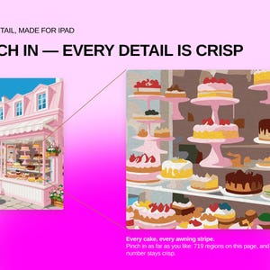 May include: A digital graphic featuring a pink bakery storefront with a display window filled with cakes. Text reads: HIGH DETAIL, MADE FOR IPAD, PINCH IN &mdash; EVERY DETAIL IS CRISP. A zoomed-in section shows detailed cakes on tiered stands.