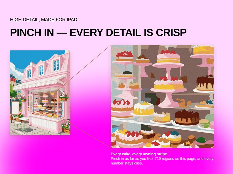 May include: A digital graphic featuring a pink bakery storefront with a display window filled with cakes. Text reads: HIGH DETAIL, MADE FOR IPAD, PINCH IN &mdash; EVERY DETAIL IS CRISP. A zoomed-in section shows detailed cakes on tiered stands.