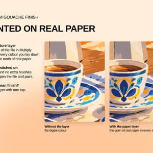 May include: A digital product display featuring the text PREMIUM GOUACHE FINISH PAINTED ON REAL PAPER. Two side-by-side illustrations of a coffee cup and saucer show the difference between flat digital color and a textured paper layer effect.