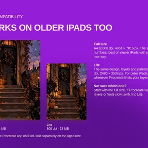 May include: A purple informational graphic titled IPAD COMPATIBILITY WORKS ON OLDER IPADS TOO. It displays two versions of an autumn house entrance illustration, labeled Full size at 600 dpi and 44 MB, and Lite at 300 dpi and 23 MB.