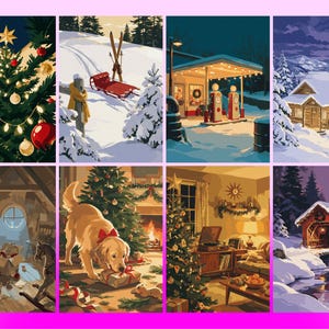 May include: A collection of eight rectangular illustrations featuring winter and holiday scenes, including a decorated Christmas tree, a snowy landscape with a sled, a vintage gas station, a log cabin, an attic, a dog with gifts, a cozy living room, and a covered bridge.
