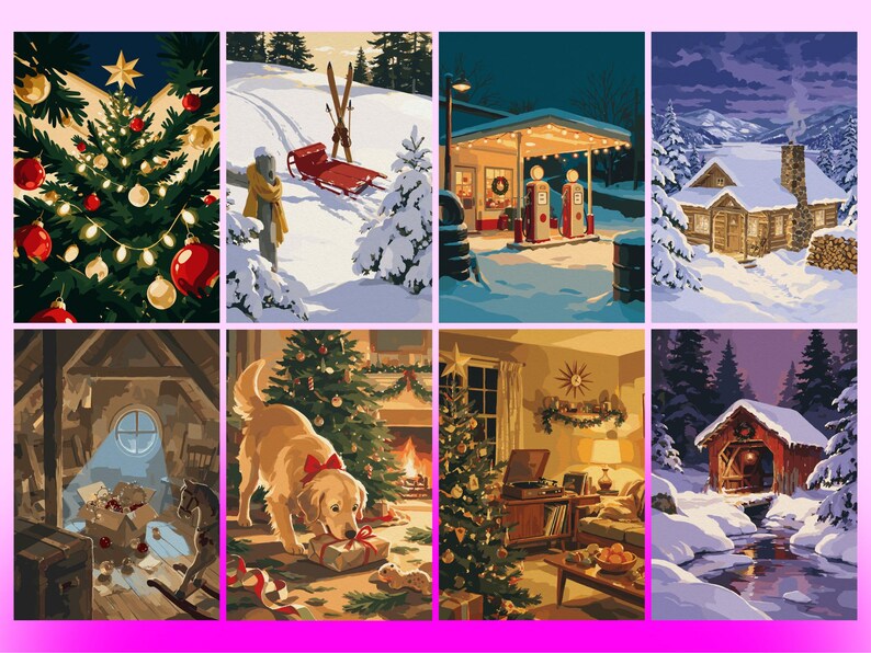 May include: A collection of eight rectangular illustrations featuring winter and holiday scenes, including a decorated Christmas tree, a snowy landscape with a sled, a vintage gas station, a log cabin, an attic, a dog with gifts, a cozy living room, and a covered bridge.
