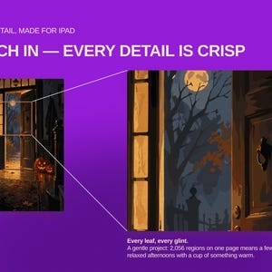 Op de afbeelding: Een digitale afbeelding op een paarse achtergrond met een Halloween-illustratie van een open deur met een raaf, pompoenen en een nachtsc&egrave;ne bij maanlicht. De tekst bevat HIGH DETAIL, MADE FOR IPAD, PINCH IN &mdash; EVERY DETAIL IS CRISP.