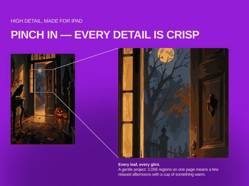 Op de afbeelding: Een digitale afbeelding op een paarse achtergrond met een Halloween-illustratie van een open deur met een raaf, pompoenen en een nachtsc&egrave;ne bij maanlicht. De tekst bevat HIGH DETAIL, MADE FOR IPAD, PINCH IN &mdash; EVERY DETAIL IS CRISP.