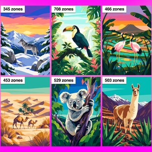 Puede incluir: Un conjunto de seis lienzos para pintar por n&uacute;meros que muestran un lobo en la nieve, un tuc&aacute;n en la selva, dos grullas en un arrozal, camellos en el desierto, un koala en un &aacute;rbol y una llama en las monta&ntilde;as, etiquetados con sus zonas.