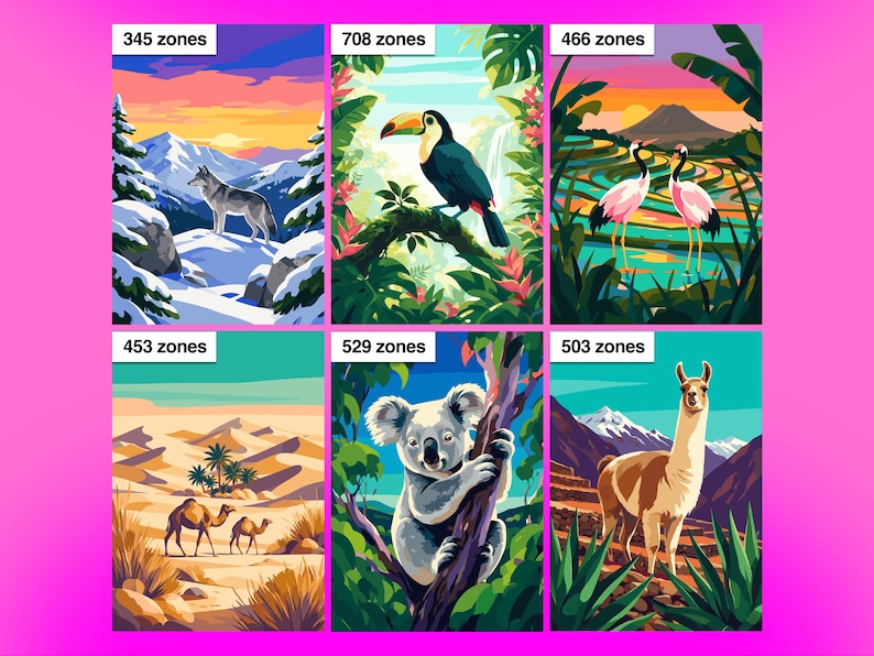 Puede incluir: Un conjunto de seis lienzos para pintar por n&uacute;meros que muestran un lobo en la nieve, un tuc&aacute;n en la selva, dos grullas en un arrozal, camellos en el desierto, un koala en un &aacute;rbol y una llama en las monta&ntilde;as, etiquetados con sus zonas.