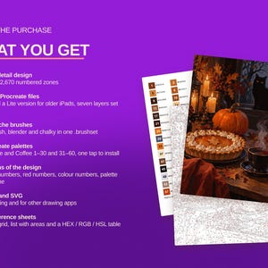May include: A digital painting kit featuring a Halloween scene with a black cat, pumpkin, and pie on a table. The set includes Procreate files, gouache brushes, color palettes, and reference sheets with 2,670 numbered zones and 60 colors.