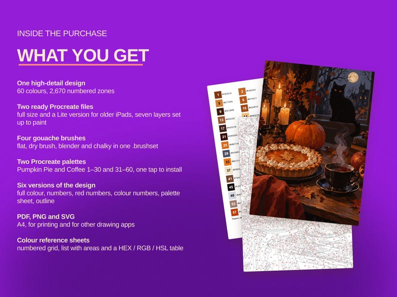 May include: A digital painting kit featuring a Halloween scene with a black cat, pumpkin, and pie on a table. The set includes Procreate files, gouache brushes, color palettes, and reference sheets with 2,670 numbered zones and 60 colors.