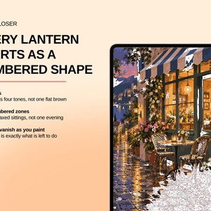 May include: A digital tablet displays a paint-by-numbers scene of a cafe terrace at dusk. Text on the left reads: LOOK CLOSER, EVERY LANTERN STARTS AS A NUMBERED SHAPE, 60 colours, 5,319 numbered zones, and Numbers vanish as you paint.