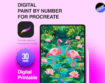 May include: A digital paint by number set for Procreate featuring a tablet displaying two pink flamingos in a pond with green lily pads and pink lotus flowers. The graphic includes the text Digital Paint By Number For Procreate, 30 Colors, and Digital Printable, alongside a stylus and the Procreate app icon.