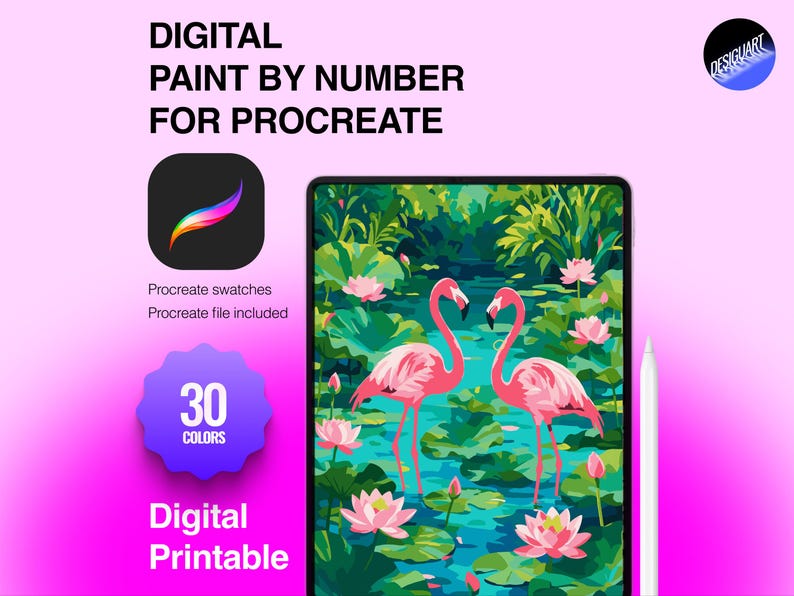 May include: A digital paint by number set for Procreate featuring a tablet displaying two pink flamingos in a pond with green lily pads and pink lotus flowers. The graphic includes the text Digital Paint By Number For Procreate, 30 Colors, and Digital Printable, alongside a stylus and the Procreate app icon.