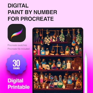 May include: Digital paint by number for Procreate featuring a tablet displaying shelves filled with potion bottles, candles, herbs, and a skull. Text includes Digital Paint By Number For Procreate, Procreate swatches, Procreate file included, 30 colors, and Digital Printable.