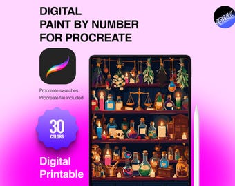 May include: Digital paint by number for Procreate featuring a tablet displaying shelves filled with potion bottles, candles, herbs, and a skull. Text includes Digital Paint By Number For Procreate, Procreate swatches, Procreate file included, 30 colors, and Digital Printable.