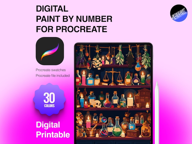May include: Digital paint by number for Procreate featuring a tablet displaying shelves filled with potion bottles, candles, herbs, and a skull. Text includes Digital Paint By Number For Procreate, Procreate swatches, Procreate file included, 30 colors, and Digital Printable.