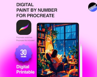 May include: A digital paint by number set for Procreate featuring a tablet displaying an illustration of a person reading in a chair by a window with a cat. Text includes DIGITAL PAINT BY NUMBER FOR PROCREATE, 30 COLORS, and Digital Printable.