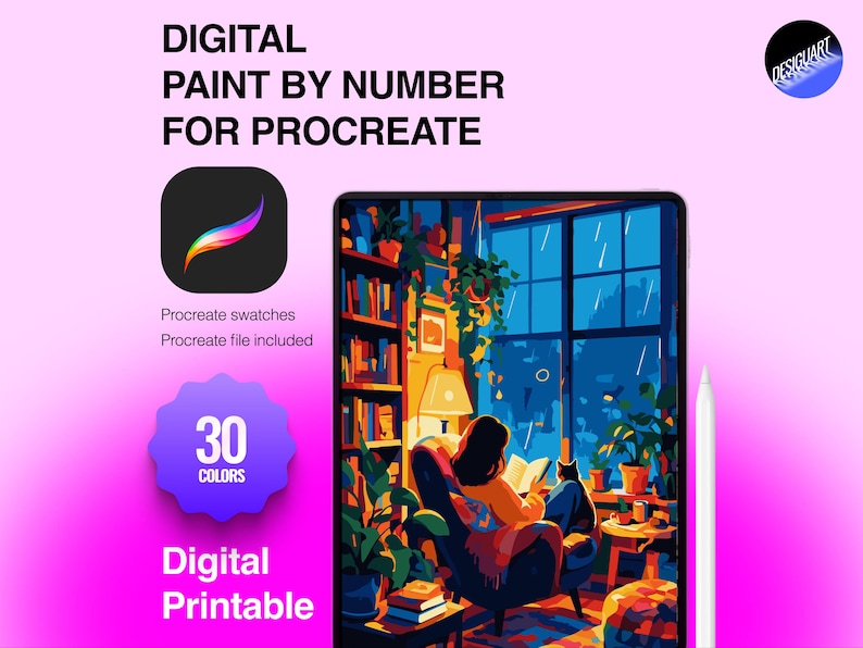 May include: A digital paint by number set for Procreate featuring a tablet displaying an illustration of a person reading in a chair by a window with a cat. Text includes DIGITAL PAINT BY NUMBER FOR PROCREATE, 30 COLORS, and Digital Printable.