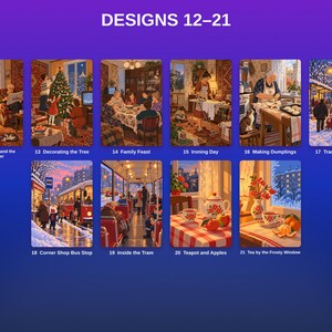 May include: A collection of ten rectangular art prints labeled DESIGNS 12&ndash;21, featuring scenes titled Homework and the Newspaper, Decorating the Tree, Family Feast, Ironing Day, Making Dumplings, Tram in the Snow, Corner Shop Bus Stop, Inside the Tram, Teapot and Apples, and Tea by the Frosty Window.