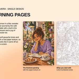 May include: A paint-by-numbers kit titled CAFE RIVIERA MORNING PAGES featuring a finished painting of a person in a lilac sweater writing in a journal at a cafe with a croissant and latte, alongside a line-art template with 3,413 numbered zones.