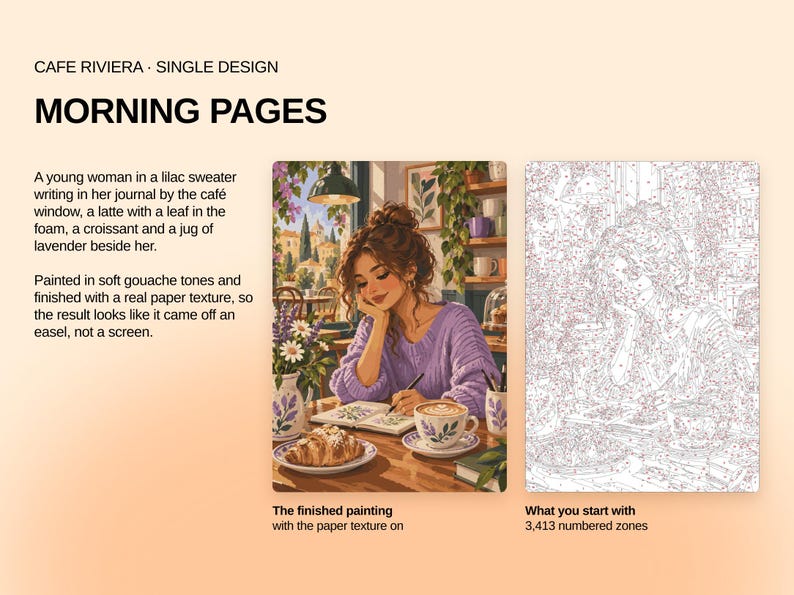 May include: A paint-by-numbers kit titled CAFE RIVIERA MORNING PAGES featuring a finished painting of a person in a lilac sweater writing in a journal at a cafe with a croissant and latte, alongside a line-art template with 3,413 numbered zones.