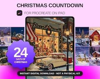 Puede incluir: Una cuenta regresiva de Navidad digital para Procreate en iPad con una ilustración central de un coche antiguo frente a un escaparate decorado, rodeado de escenas invernales más pequeñas y una insignia morada con el texto 24 DAYS OF CHRISTMAS.