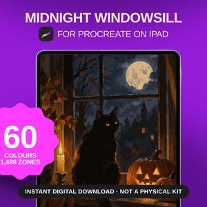 May include: A digital painting on a tablet screen titled MIDNIGHT WINDOWSILL FOR PROCREATE ON IPAD. The artwork depicts a black cat sitting on a windowsill next to a lit candle and a jack-o'-lantern, with a full moon and dark buildings outside.