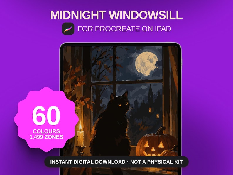 May include: A digital painting on a tablet screen titled MIDNIGHT WINDOWSILL FOR PROCREATE ON IPAD. The artwork depicts a black cat sitting on a windowsill next to a lit candle and a jack-o'-lantern, with a full moon and dark buildings outside.