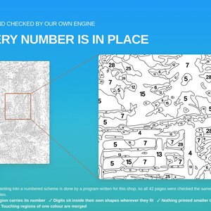 May include: A paint-by-number canvas template featuring a blue gradient background with the text BUILT AND CHECKED BY OUR OWN ENGINE and EVERY NUMBER IS IN PLACE. A zoomed-in section shows numbered outlines for painting.