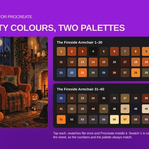 May include: A digital color palette set for Procreate titled Sixty Colours, Two Palettes. It features an illustration of a cozy fireside armchair scene and two numbered grids containing sixty distinct color swatches in warm, earthy tones.