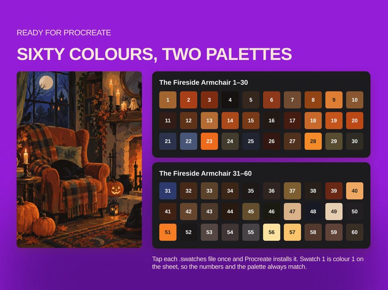 May include: A digital color palette set for Procreate titled Sixty Colours, Two Palettes. It features an illustration of a cozy fireside armchair scene and two numbered grids containing sixty distinct color swatches in warm, earthy tones.