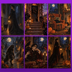 Pu&ograve; includere: Un set di sei stampe d'arte digitale con scene oscure e suggestive che ritraggono figure gotiche, un lupo mannaro, un gatto nero, zucche, lanterne e interni illuminati da candele in ambientazioni autunnali con lune piene e ombre.