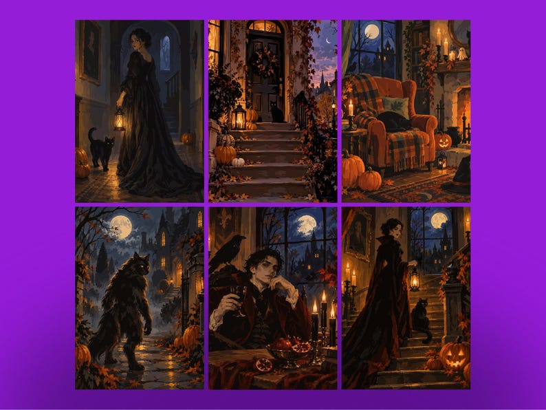 Pu&ograve; includere: Un set di sei stampe d'arte digitale con scene oscure e suggestive che ritraggono figure gotiche, un lupo mannaro, un gatto nero, zucche, lanterne e interni illuminati da candele in ambientazioni autunnali con lune piene e ombre.