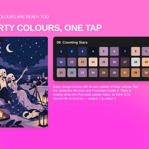 May include: A digital color palette for Procreate titled 06 Counting Stars, featuring thirty numbered swatches in shades of blue, purple, and beige. The graphic includes an illustration of two skeletons stargazing on a balcony.