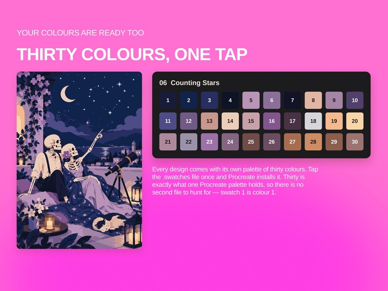 May include: A digital color palette for Procreate titled 06 Counting Stars, featuring thirty numbered swatches in shades of blue, purple, and beige. The graphic includes an illustration of two skeletons stargazing on a balcony.