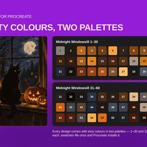 Pu&ograve; includere: Un set di tavolozze di colori digitali per Procreate intitolato Sixty Colours, Two Palettes. Presenta un'illustrazione di un gatto nero e zucche su un davanzale di notte, insieme a due griglie contenenti sessanta campioni di colore numerati.