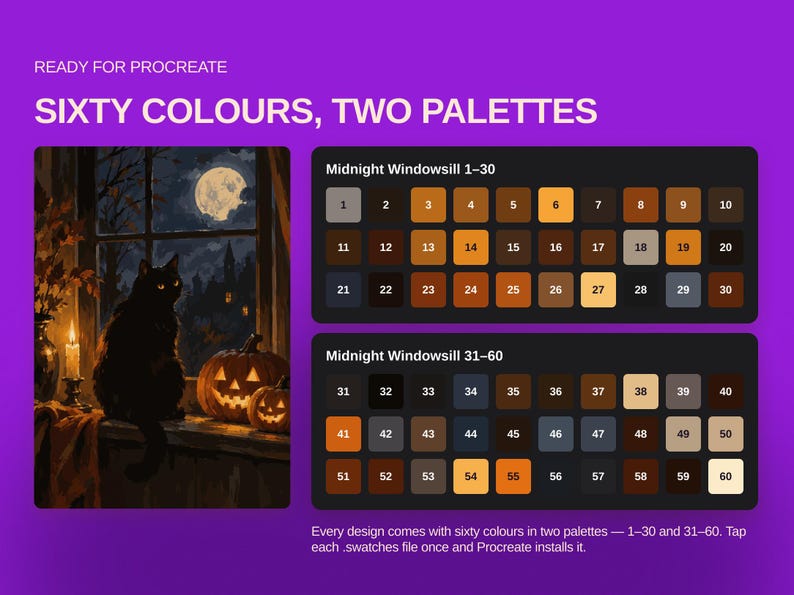 Pu&ograve; includere: Un set di tavolozze di colori digitali per Procreate intitolato Sixty Colours, Two Palettes. Presenta un'illustrazione di un gatto nero e zucche su un davanzale di notte, insieme a due griglie contenenti sessanta campioni di colore numerati.