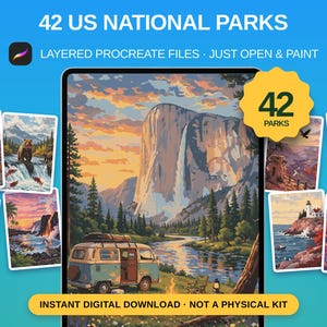 May include: A digital collection of 42 US National Parks layered Procreate files featuring landscape illustrations of mountains, forests, and coastlines. The main image shows a camper van by a river near a waterfall. Text includes 42 US NATIONAL PARKS.