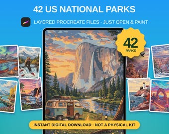 42 Parques Nacionales de EE. UU. para colorear por números, Procreate Paint by Numbers, Libro para colorear para iPad, Páginas para colorear de paisajes, Regalos de Parques Nacionales