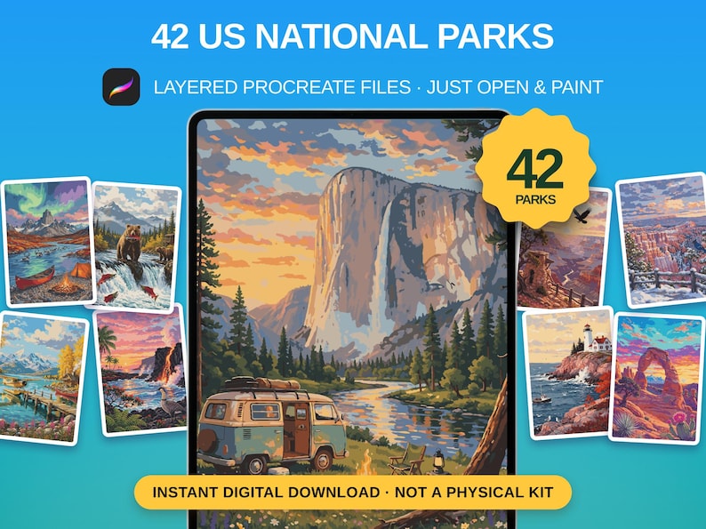May include: A digital collection of 42 US National Parks layered Procreate files featuring landscape illustrations of mountains, forests, and coastlines. The main image shows a camper van by a river near a waterfall. Text includes 42 US NATIONAL PARKS.
