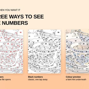 May include: A paint-by-numbers digital interface displaying three variations of a teacup illustration. The text reads: ONLY WHEN YOU WANT IT, THREE WAYS TO SEE THE NUMBERS. The options are labeled: Red numbers, Black numbers, and Colour preview.