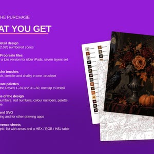 May include: A digital painting kit featuring a dark floral arrangement with roses, a raven, and a pumpkin. The set includes a color reference sheet, a numbered outline guide, and text detailing the purchase contents like Procreate files and brushes.