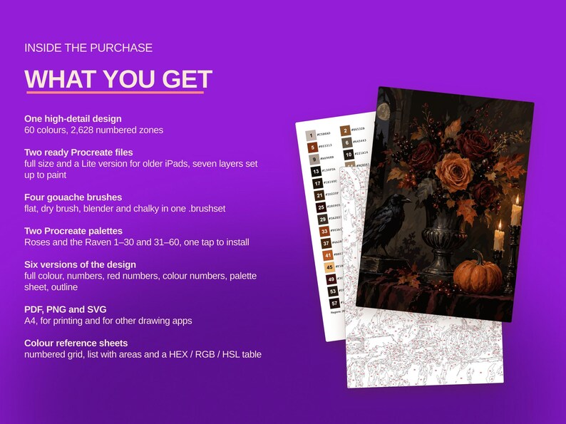 May include: A digital painting kit featuring a dark floral arrangement with roses, a raven, and a pumpkin. The set includes a color reference sheet, a numbered outline guide, and text detailing the purchase contents like Procreate files and brushes.