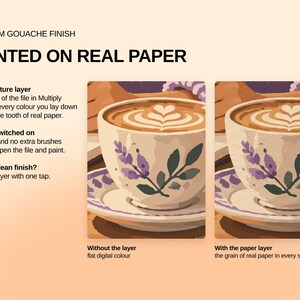 May include: A digital product display titled PREMIUM GOUACHE FINISH PAINTED ON REAL PAPER. It shows two side-by-side illustrations of a coffee cup with latte art and lavender sprigs, comparing flat digital color to a version with paper texture.
