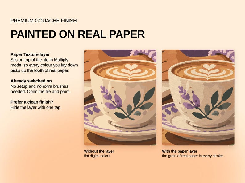 May include: A digital product display titled PREMIUM GOUACHE FINISH PAINTED ON REAL PAPER. It shows two side-by-side illustrations of a coffee cup with latte art and lavender sprigs, comparing flat digital color to a version with paper texture.