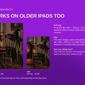 May include: A digital graphic on a purple background detailing iPad compatibility for a Procreate file. It shows two versions of a Halloween-themed illustration featuring a witch hat on a wooden chair and a pumpkin, with text explaining Full size and Lite options.