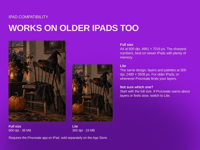 May include: A digital graphic on a purple background detailing iPad compatibility for a Procreate file. It shows two versions of a Halloween-themed illustration featuring a witch hat on a wooden chair and a pumpkin, with text explaining Full size and Lite options.