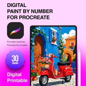 Puede incluir: Un kit de pintura digital por n&uacute;meros para Procreate con un scooter rojo frente a un edificio azul con puerta de madera. La imagen incluye el texto Digital Paint By Number For Procreate, 30 Colors, Digital Printable y un l&aacute;piz &oacute;ptico.