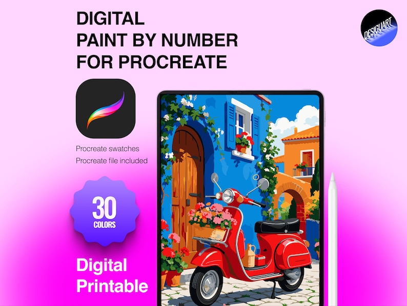 Puede incluir: Un kit de pintura digital por n&uacute;meros para Procreate con un scooter rojo frente a un edificio azul con puerta de madera. La imagen incluye el texto Digital Paint By Number For Procreate, 30 Colors, Digital Printable y un l&aacute;piz &oacute;ptico.